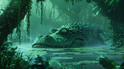 Sticker - A large green crocodile is swimming in a pond. The water is murky and the surrounding vegetation is lush and green. The scene is peaceful and serene