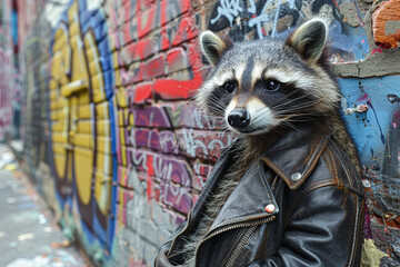 Wall Mural - A raccoon is wearing a leather jacket and standing in front of a graffiti wall. The scene has a playful and whimsical mood, as the raccoon is dressed up like a human and poses for the camera