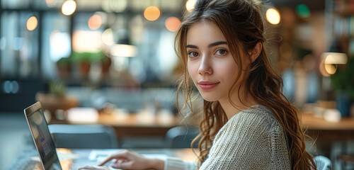 Wall Mural - A woman with long hair is sitting at a table with a laptop in front of her. She is wearing a white sweater and she is focused on her work