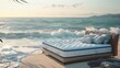 essence of coastal luxury with a product shoot featuring a white and blue mattress on a leather bed frame on the beach