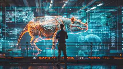 Wall Mural - A man stands in front of a large screen that displays a dinosaur. The dinosaur is shown in a very realistic and detailed manner, with its features and colors accurately represented