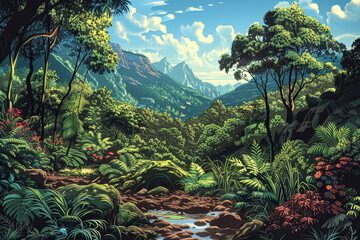 Wall Mural - A lush green forest with a river running through it. The sky is blue and the trees are tall