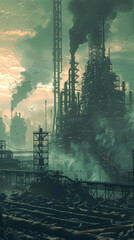 Sticker - A futuristic cityscape with smoke and pollution in the air. The sky is dark and the buildings are tall and grey. Scene is bleak and dystopian