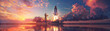 Majestic space shuttle launch at sunset, vibrant skies and fluffy clouds backdrop