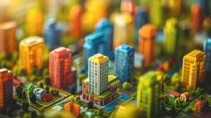 Sticker - A cityscape with a tall building in the middle. The buildings are colorful and the city appears to be a model