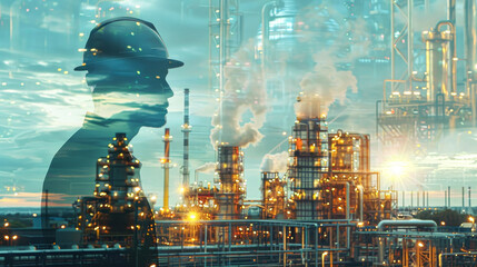 Wall Mural - A man in a hard hat is seen in a city skyline with a factory in the background. Concept of industry and hard work, as well as the importance of safety in such environments