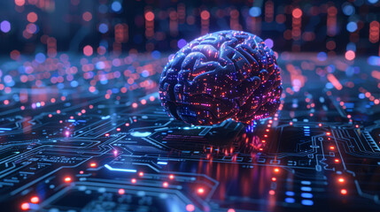 Wall Mural - A brain is shown on a computer chip. The brain is surrounded by a colorful, glowing background. Concept of technology and innovation