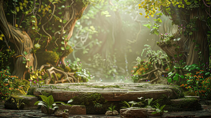 Poster - A forest scene with a stone circle in the middle. The stone circle is surrounded by trees and plants, and there is a lot of greenery in the background