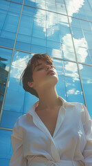 Poster - A woman is standing in front of a building with a blue sky in the background