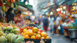 People shopping in street market with blurred background, featuring vendors selling goods