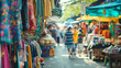 People shopping in street market with blurred background, featuring vendors selling goods