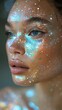 An enchanting close-up of a model adorned with pearlescent makeup. Vertical. 