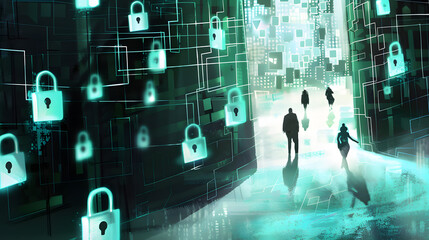 Cyber security network, privacy data protection concept. Computer programmer team with network security system, software development, data encryption, innovation cybersecurity technology background