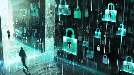 Cyber security network, privacy data protection concept. Computer programmer team with network security system, software development, data encryption, innovation cybersecurity technology background