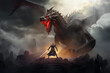 Dragon battling knight on misty battlefield, surrounded by swirling clouds and flashes of lightning. Generative AI