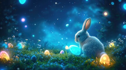 Wall Mural - A Mountain Cottontail rabbit is resting in the grass with Easter eggs in front of a full moon AIG42E