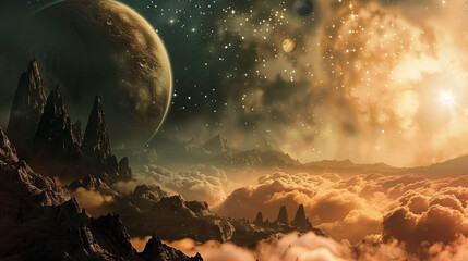 Wall Mural - sunrise over the mountains on distant planet