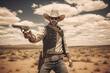 Portrait of cowboy wearing a hat shooting in desert with a gun in his hand. Generative AI