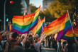 Peaceful demonstration in support of LGBTQ rights, with colorful flags waving. Generative AI
