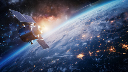 Wall Mural - satellite orbiting earth with a city lights