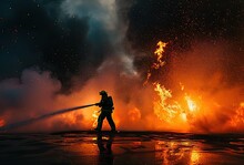 Firefighters Using High Pressure Water To Extinguish Fires And Save Lives. Silhouette Concept.