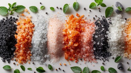 Wall Mural - An AI-rendered image depicting a picture frame created from a collection of gourmet salts - Himalayan pink, sea salt, and black lava - displayed on a white background, where the contrast of colors