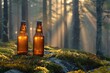 Two bottles of beer on a moss covered rock, in a forest