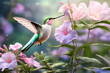 beautiful colorful hummingbird flying under soft pink  flowers. close up. Digital artwork. Ai generated