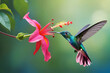beautiful azure hummingbird flying under bright pink flower against green background. close up. Digital artwork. Ai generated