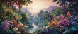 A vibrant artwork portraying a lush tropical jungle scene with a winding river flowing through dense foliage and towering mountains in the background
