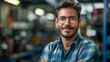 Young hispanic man wearing glasses working as engineer scientist technology research, portrait photo, blur background, Gen AI