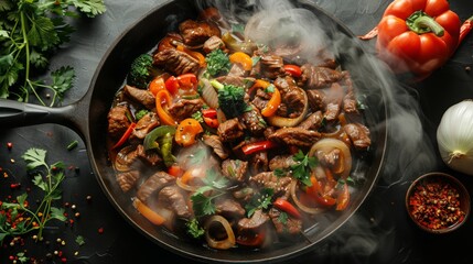 Wall Mural - An AI-designed image featuring a picture frame filled with sizzling stir-fry ingredients, including slices of bell pepper, onion, and tender strips of beef, set against a white canvas