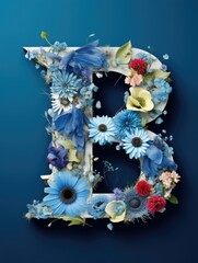 Wall Mural - Letter B made of real natural flowers and leaves, on a blue background. Spring, summer and valentines creative idea