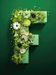 Wall Mural - Letter F made of real natural flowers and leaves, on a green background. Spring, summer and valentines creative idea.