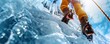 ice climber skillfully navigating the ascent of a frozen waterfall using specialized equipment