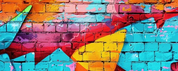 A vibrant, colorful graffiti art covering a massive brick wall, showcasing street art culture.