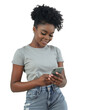 A young black woman holding a cellphone, she is smiling while looking at the phone screen, isolated on transparent background