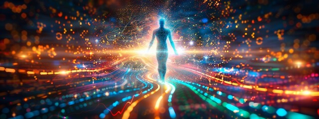 A pixelated digital humanoid silhouette intersected by a vibrant web of glowing data streams, with fragmented codes and encrypted symbols floating around.