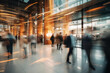 © Tigarto - Blurred Motion: Interior of a Busy Modern Office Building, Capturing the Dynamic Movement of Professionals and Staff Amidst the Productive Environment