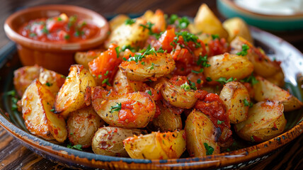 Wall Mural - Roasted potatoes on a plate with garnish