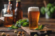 Beer and hops on wooden table, pub bar drink establishment