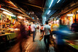 Blurred Motion: Bustling Thai Night Market, Featuring Many People in Motion, Evoking the Vibrant Atmosphere of Nightlife and Commerce