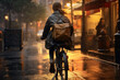 A beautiful adult of Asianformal woman riding her bicycle to work, a backside portrait of a woman commuting on a bicycle on a rainy day in an urban street at sunset 