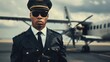 African American male pilot in uniform in sunglasses. With determination in his eyes, he takes to the skies, defying expectations and reaching for new heights.