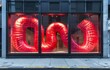 An eye-catching display of enormous red inflatable tubes creating a bold visual statement in a modern storefront window setting.
