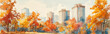 landscape of city houses in autumn colors, watercolor illustration