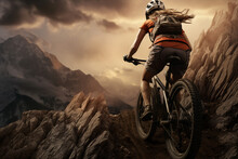 A Stunning Foto Of A Adult And Caucasian Woman Riding Her Bicycle On A Rocky Mountain, A Backside Portrait Of A Girl Racing Her Mountain-bike On A Dusty Hillside Full Of Rocks At Sunset 
