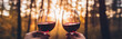 Two female hands toasting or clinking with red wine glasses on a forest and minimalist background 