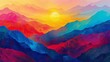Colorful digital artwork of mountain landscape at sunset