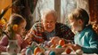 The elderly couple, young boy, and fruit are at the table sharing natural foods while decorating Easter eggs. Its a fun and festive art event in the room AIG42E